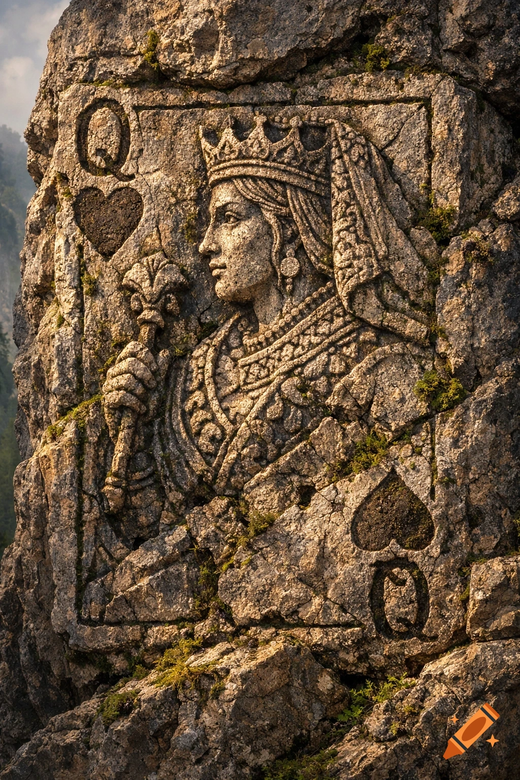 Detailed stone carving of the Queen of Hearts playing card with 'Q' and heart symbols, adorned with moss on a rocky cliff.