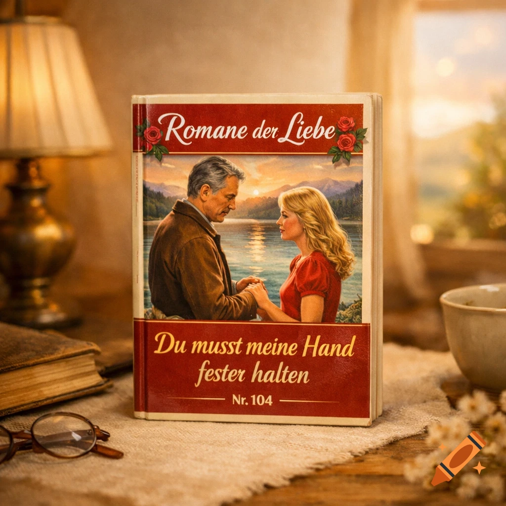 Close-up of a romance novel titled 'Romane der Liebe' and 'Du musst meine Hand fester halten, Nr. 104' on a table, featuring a couple on the cover.