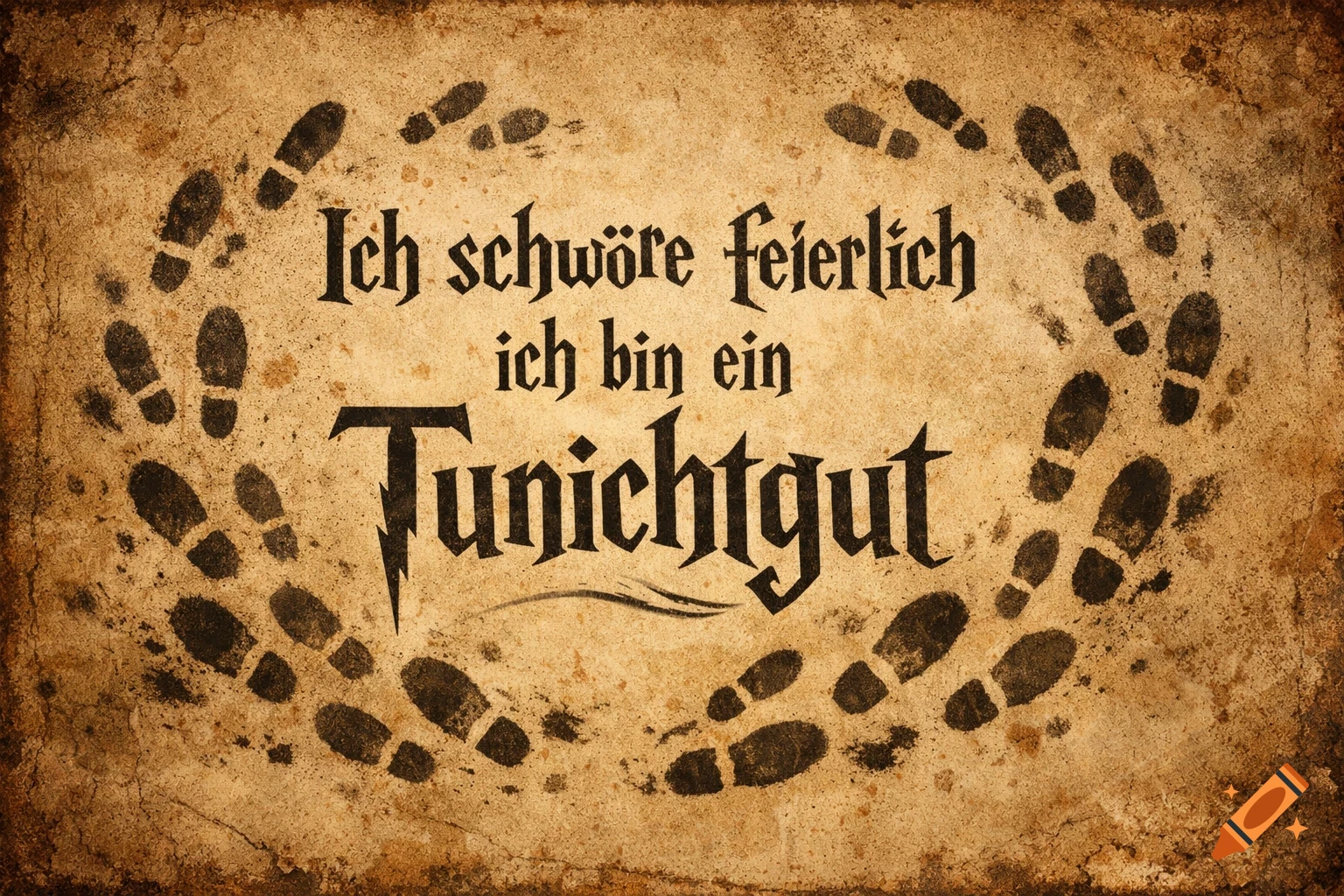 A rustic parchment with dark footprints forming an oval border around the German text "Ich schwöre feierlich ich bin ein Tunichtgut" in a stylized font.