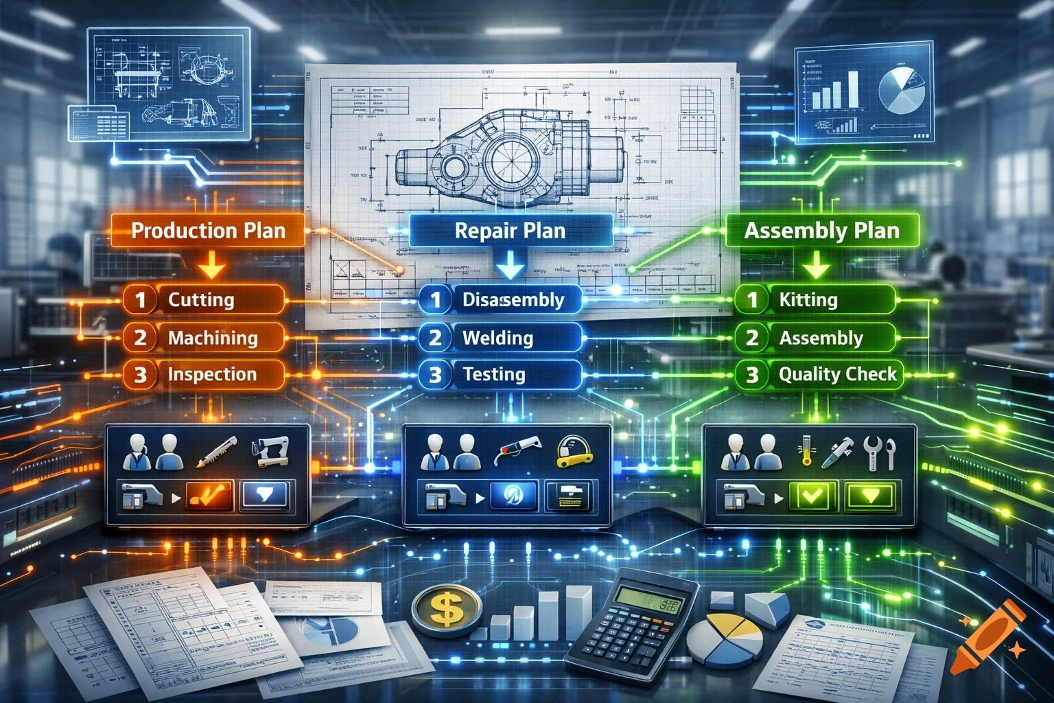 Digital diagram illustrating production, repair, and assembly plans with interconnected flowcharts, technical drawings, data screens, and office elements.