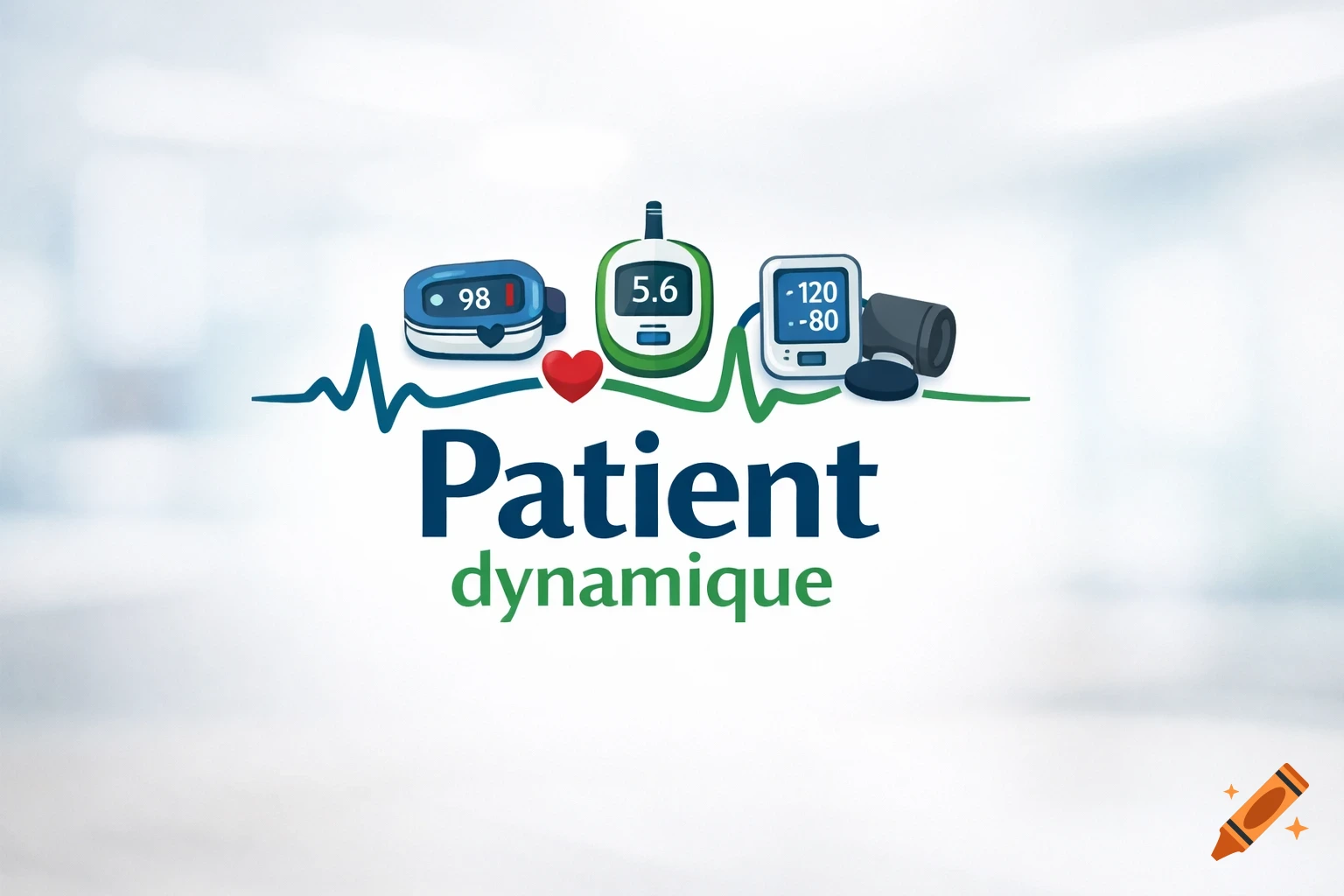 A logo featuring a green heartbeat line with a red heart, three medical devices (pulse oximeter, blood sugar meter, blood pressure monitor), and the text "Patient dynamique" in blue and green.