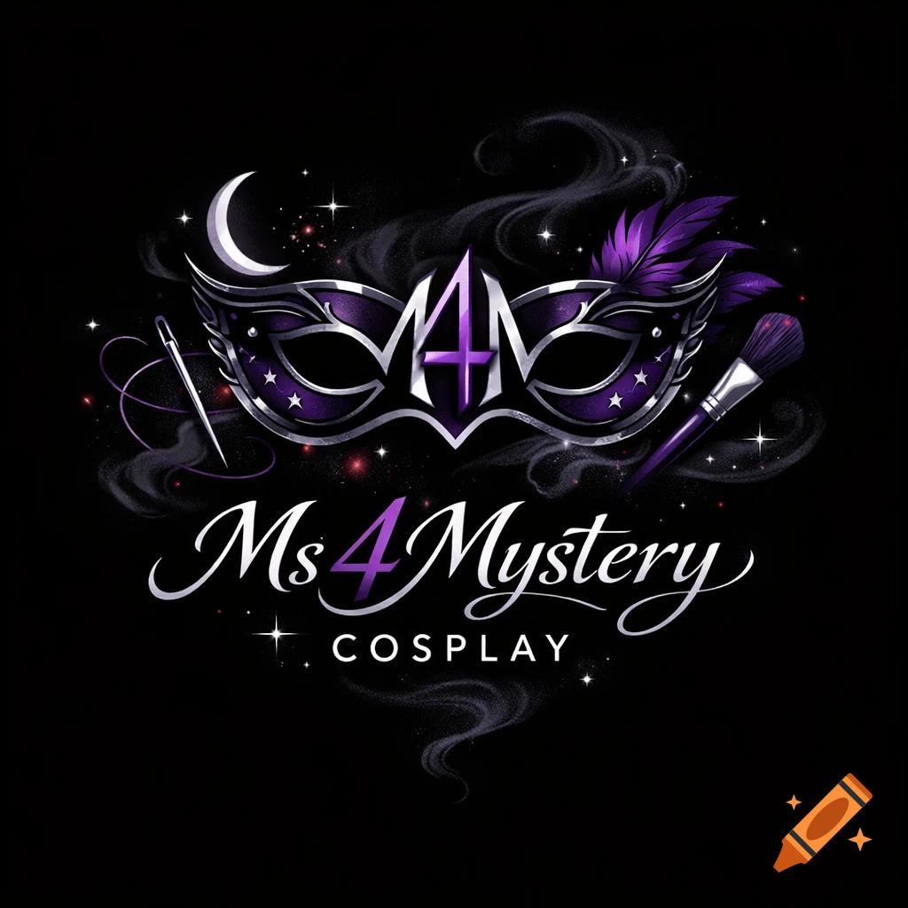 Stylized black and purple logo featuring a masquerade mask, crescent moon, stars, needle, makeup brush, and the text 'Ms 4 Mystery Cosplay'.