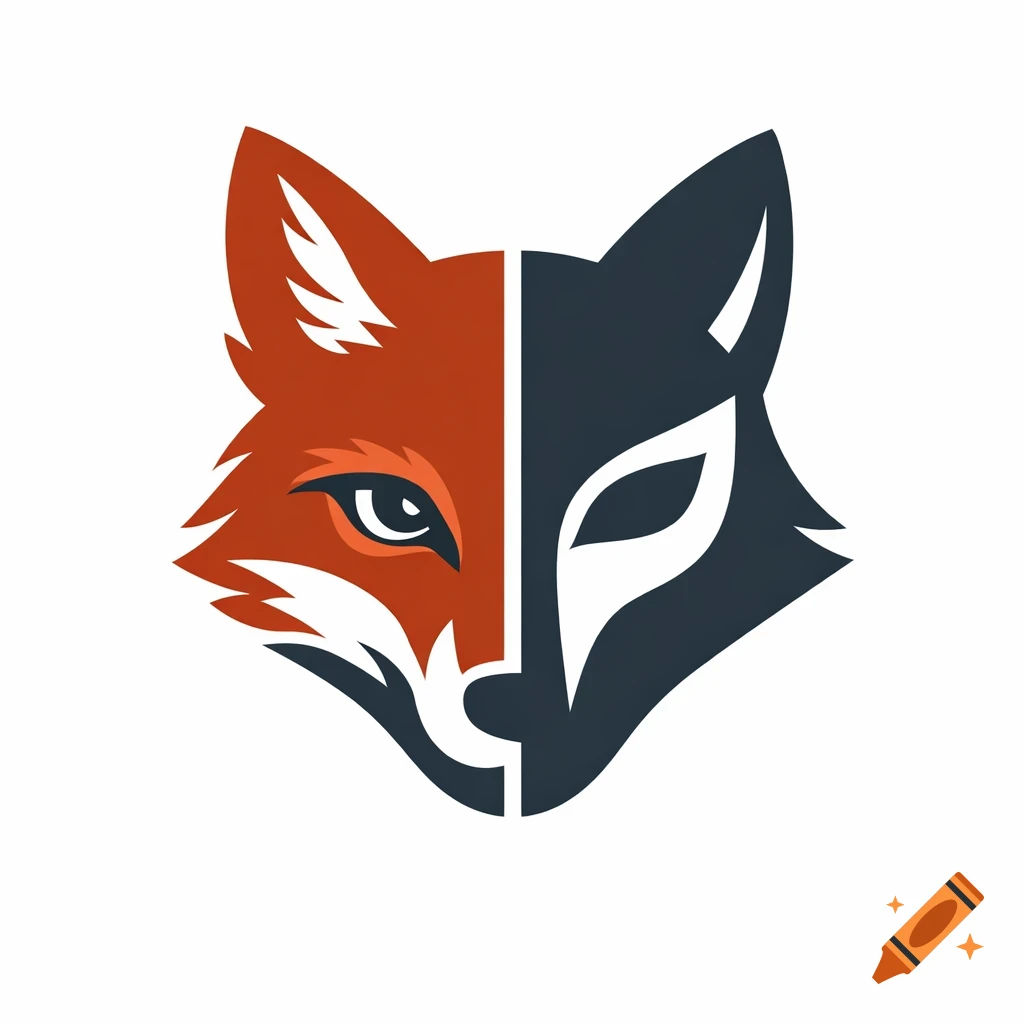 Minimalist vector logo of a fox head split into a detailed rust-colored left side and a charcoal stylized mask right side.