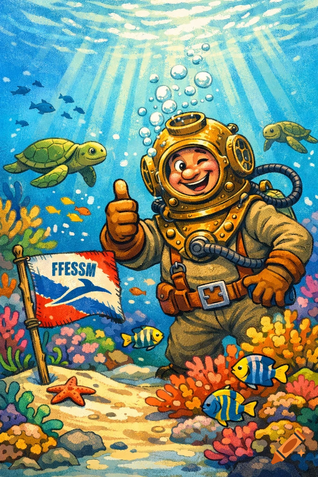 A colorful cartoon illustration shows a smiling diver in a vintage helmet giving a thumbs-up underwater, surrounded by coral, fish, turtles, and a flag with "FFESSM" on it.