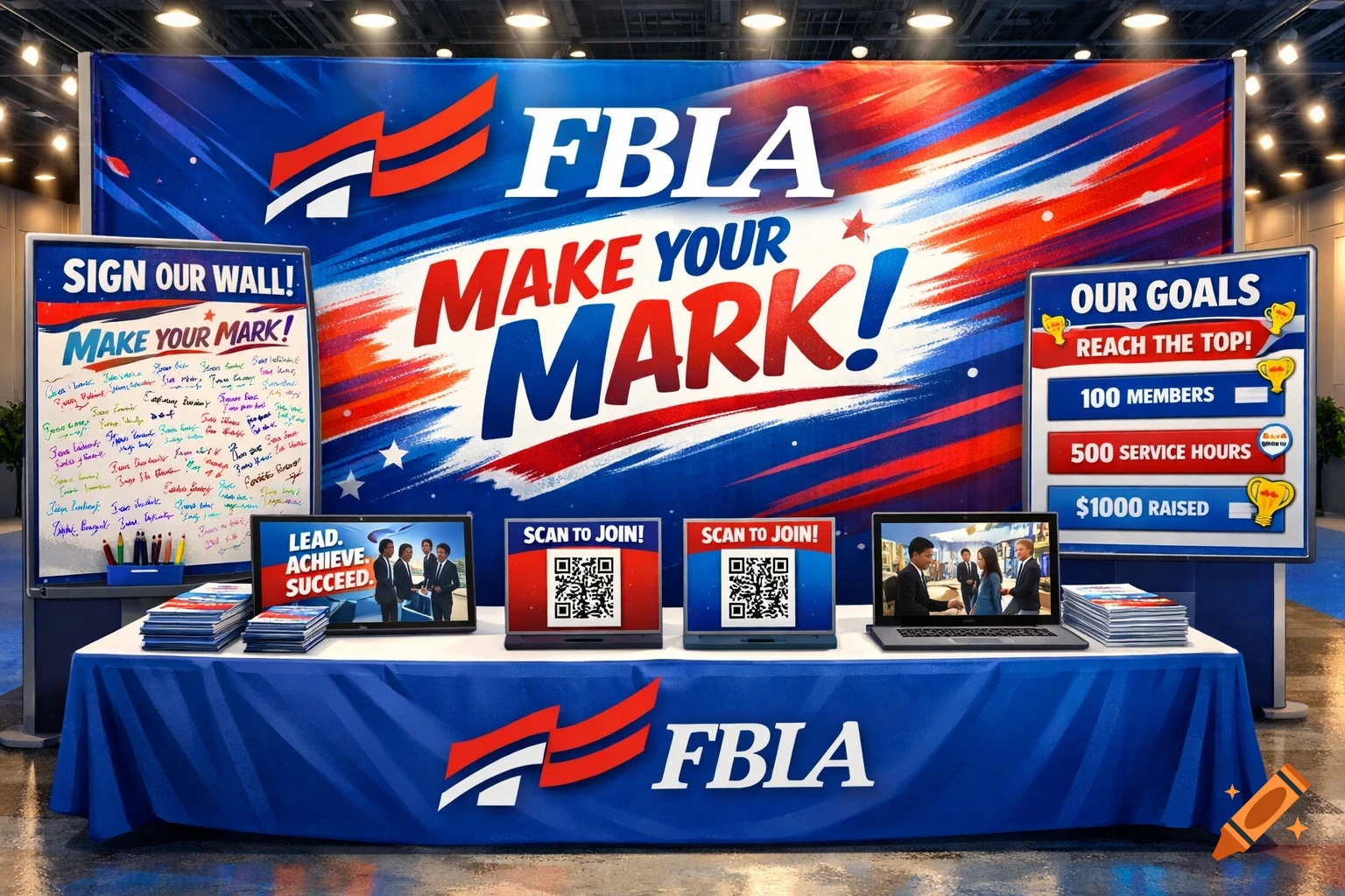A vibrant FBLA recruitment booth with a large blue, red, and white banner saying 'FBLA MAKE YOUR MARK!'. A table below holds a signature wall, a goal board, laptops with QR codes, and brochures.
