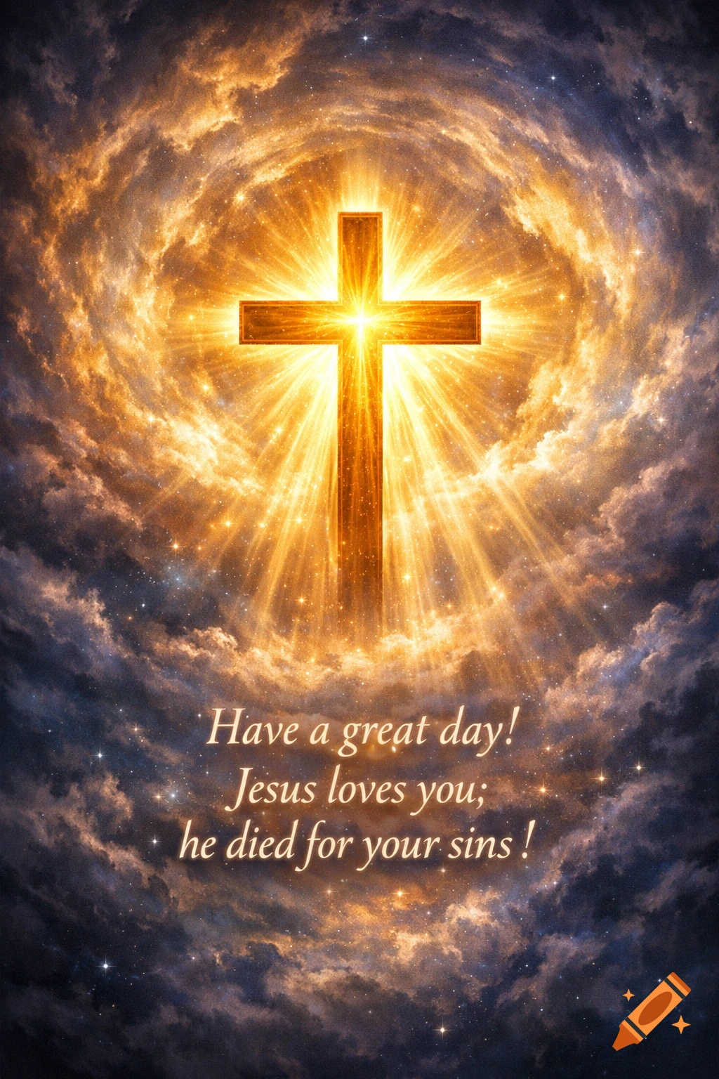 A golden, glowing cross stands amidst swirling clouds and stars in a celestial sky, with a religious message.