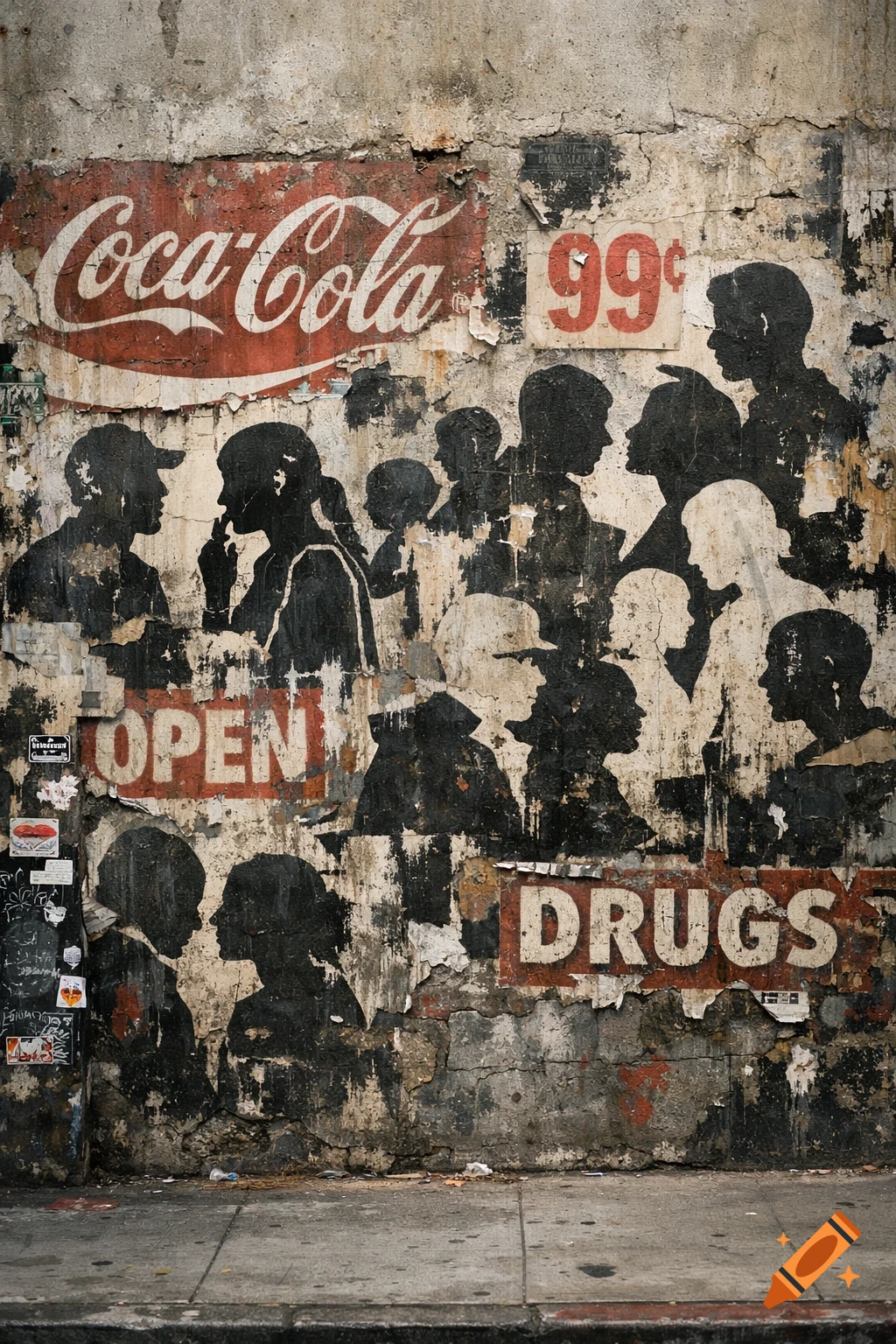 A street-level photograph of a weathered concrete wall covered in a multi-layered stencil mural. The mural features black and off-white human silhouettes overlapping, mixed with torn commercial signage including "Coca-Cola," "99", "OPEN," and "DRUGS."