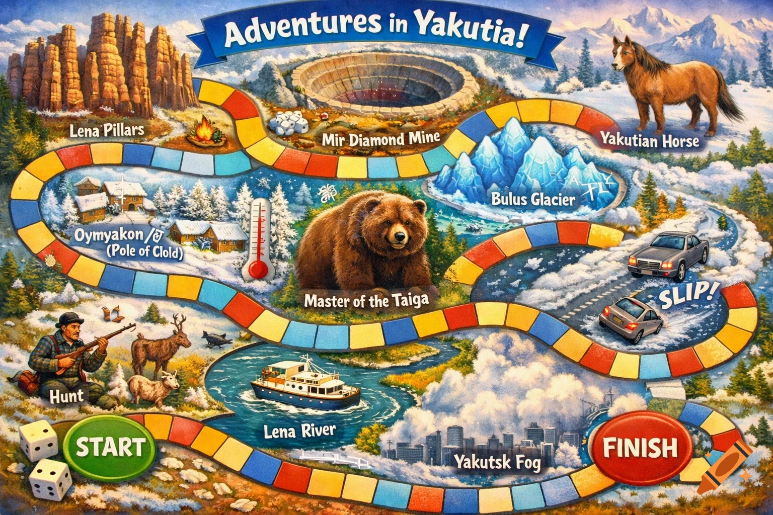 A colorful board game titled "Adventures in Yakutia!" with a winding path through various landscapes and elements.