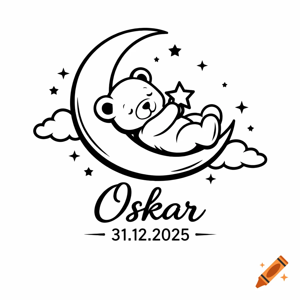 Black and white line art of a sleeping teddy bear on a crescent moon, holding a star, with the text Oskar 31.12.2025.