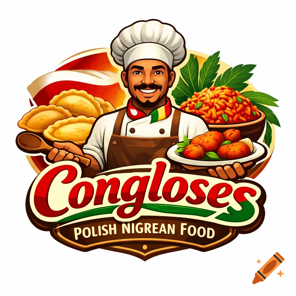 Cartoon logo of a smiling chef in a white hat and brown apron, holding a spoon and a plate of food, with text 'Congloses Polish Nigrean Food'.
