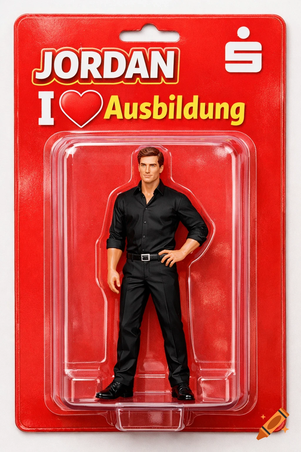 Photorealistic image of a male action figure named Jordan in a black shirt and pants, sealed in a red blister pack with "I love Ausbildung" text and the Sparkasse logo.