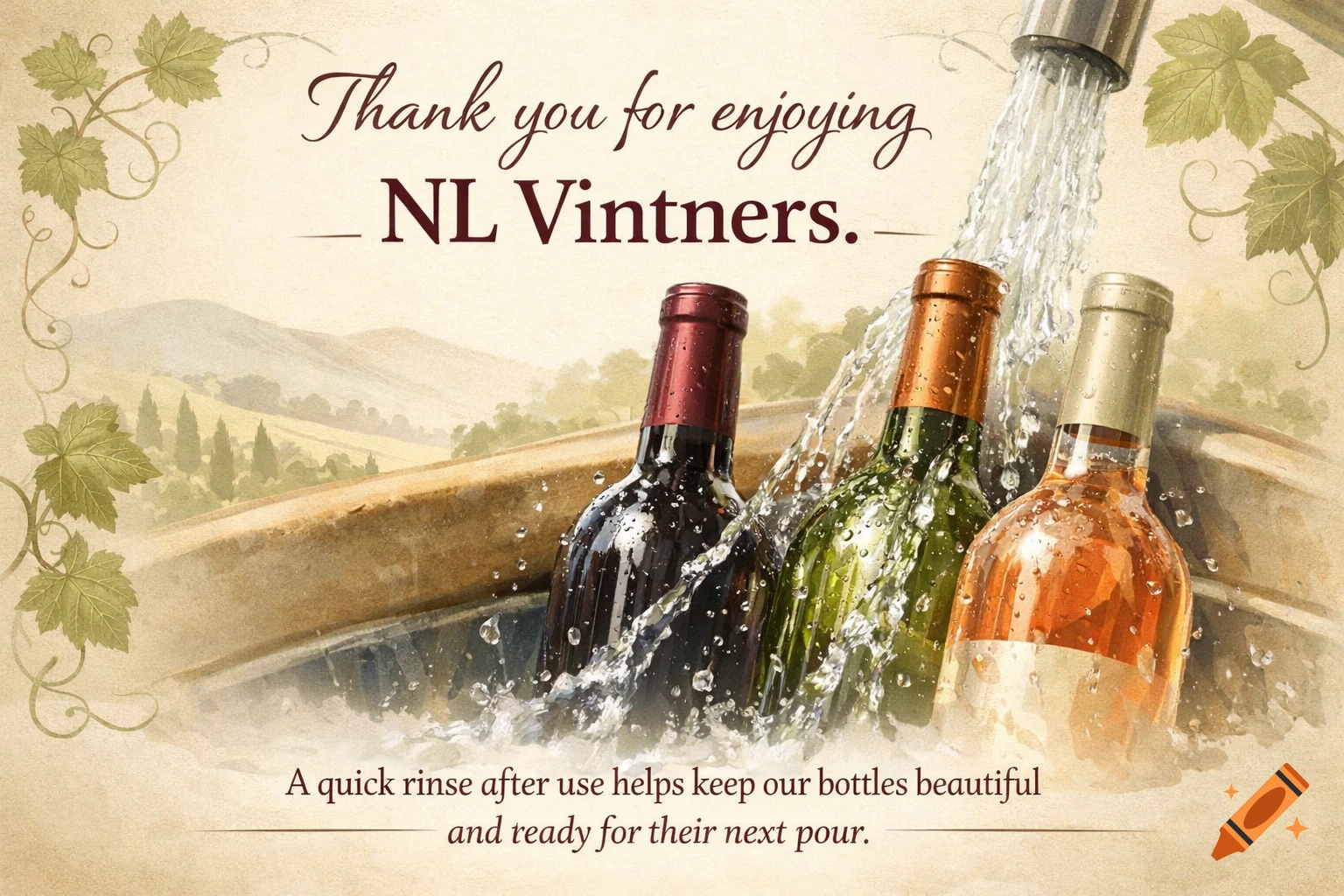 Vintage illustration of three wine bottles being rinsed in a wooden basin with a countryside background. Text thanks NL Vintners customers.
