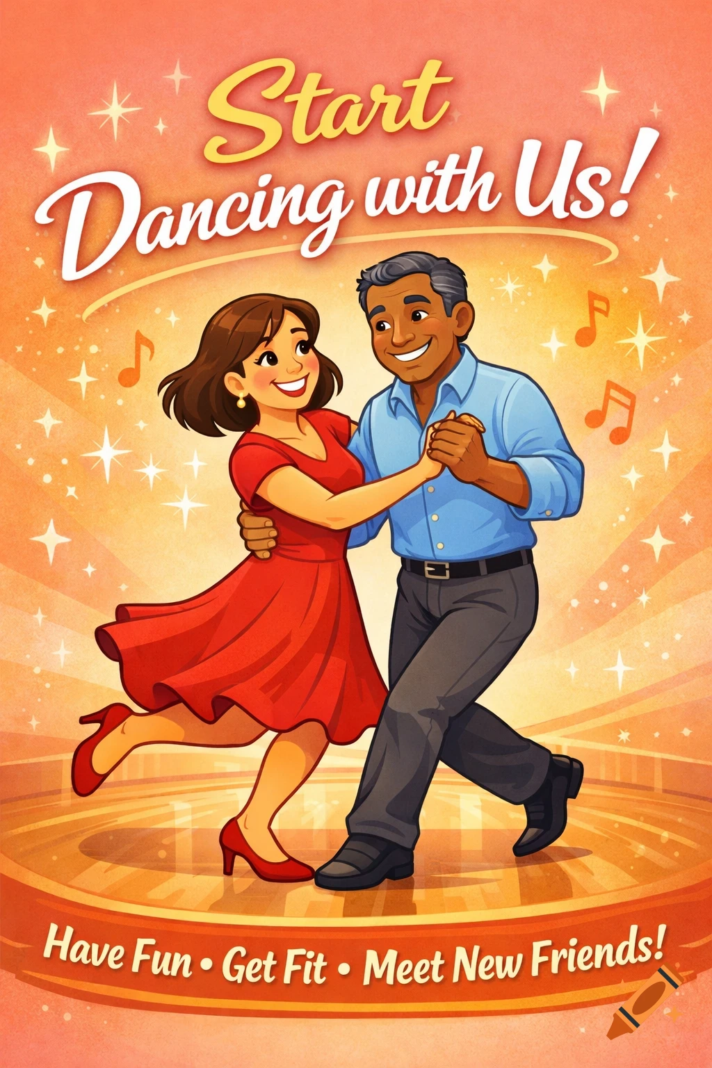 Cartoon of a smiling diverse couple dancing, with text 'Start Dancing with Us!' and 'Have Fun Get Fit Meet New Friends!' on a starry orange background.