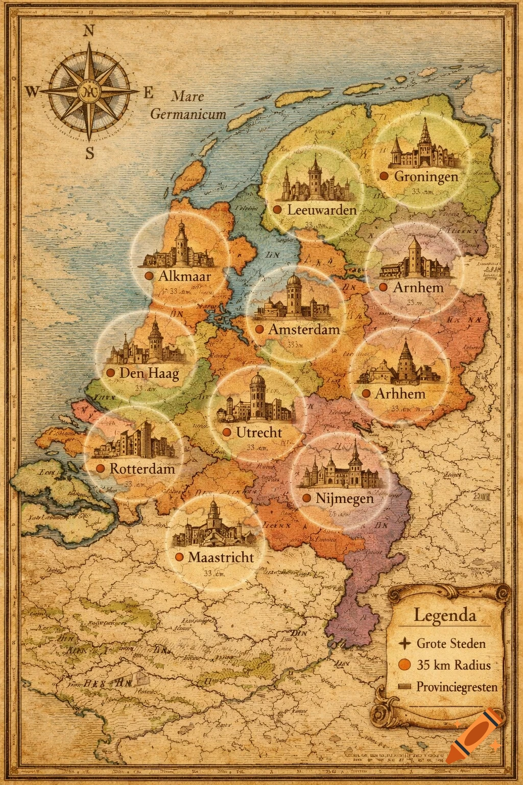 An antique-style map of the Netherlands, featuring major cities marked with circles and illustrated buildings, a compass rose, and a legend.