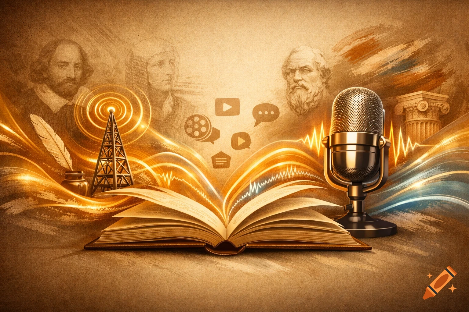 An open book with glowing pages at the center, surrounded by golden waves, media icons, a radio tower, quill, microphone, and faint portraits of historical figures against a sepia background.