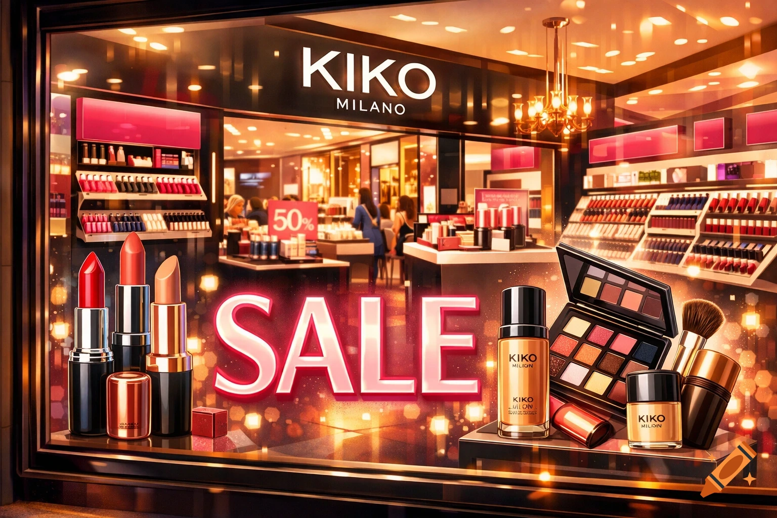 A brightly lit Kiko Milano makeup store storefront with 'SALE' in glowing pink letters, featuring lipsticks, eyeshadow palettes, and foundation bottles.