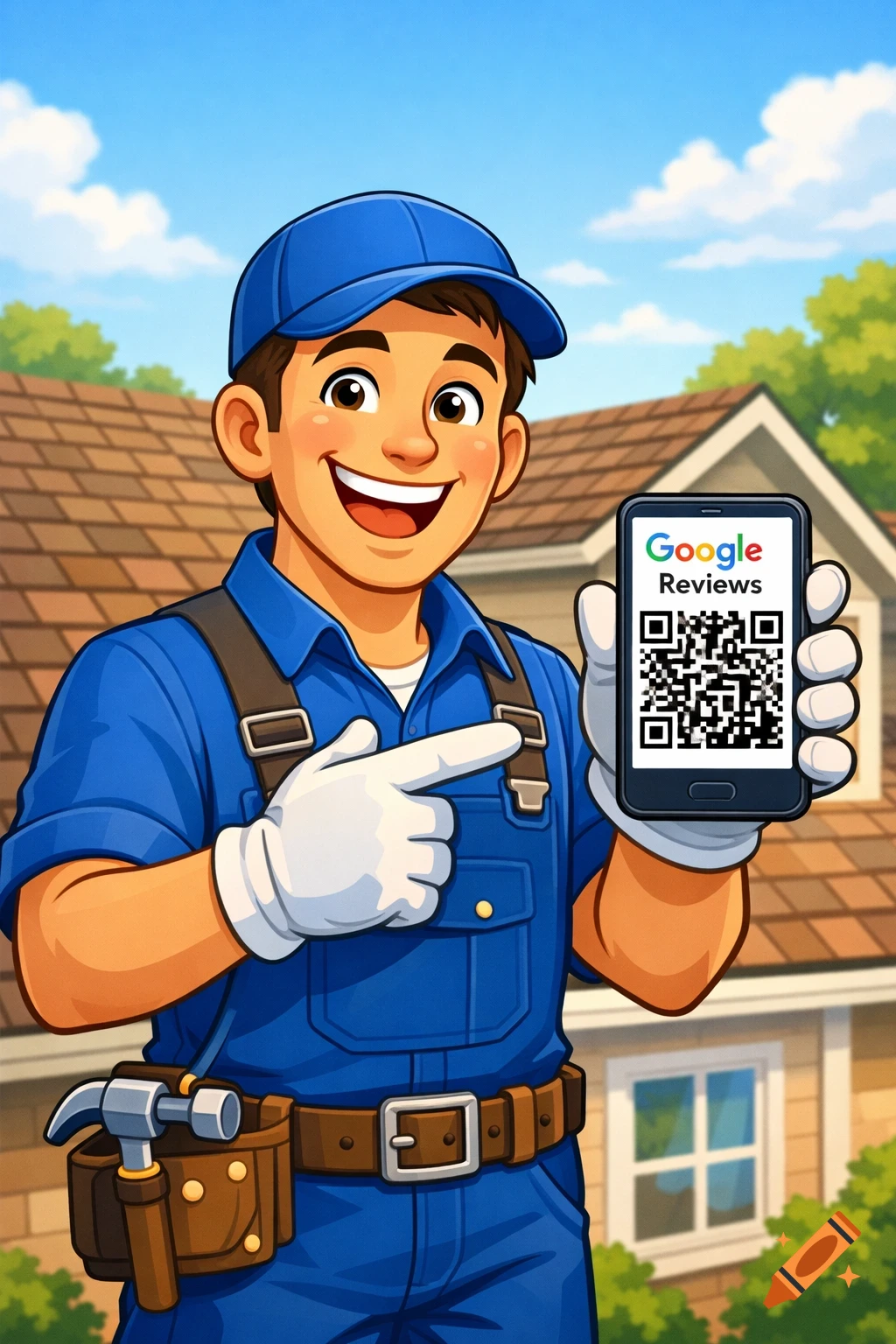 A smiling cartoon roofer in a blue uniform and hat holds up a smartphone displaying 'Google Reviews' and a QR code, pointing to it with a gloved hand. A house roof is in the background.