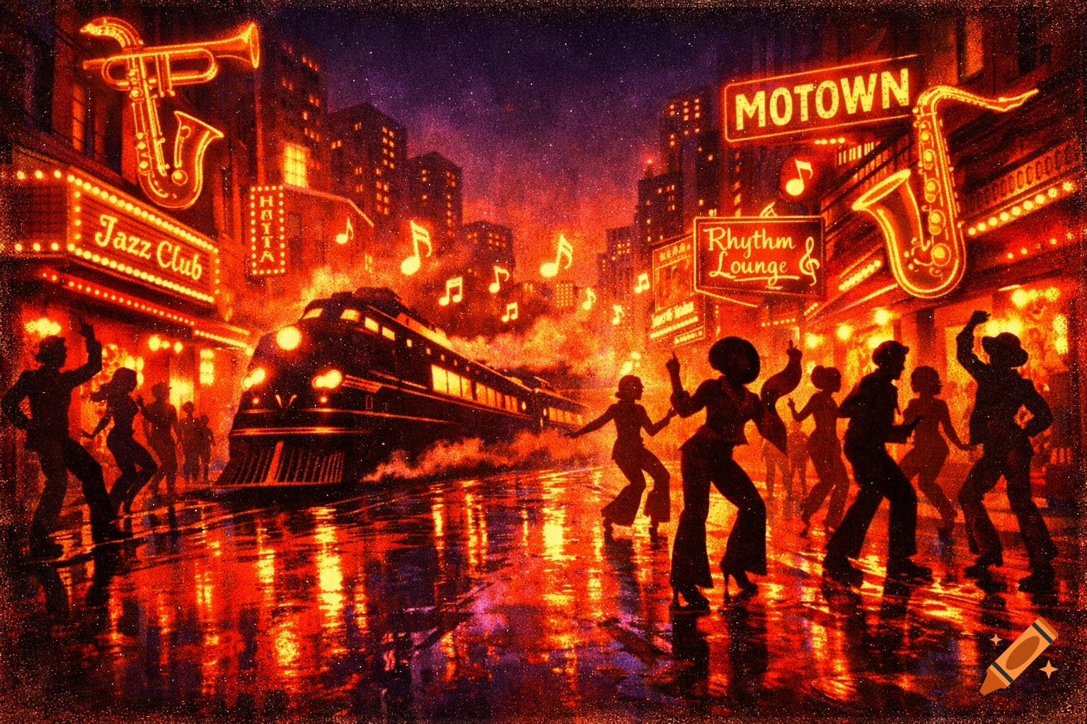 Vibrant retro-inspired city street at night with neon signs "Jazz Club," "Motown," and "Rhythm Lounge." Silhouetted people dance as a train passes, reflections glow on wet pavement, with musical notes floating around. Stylized with a grainy, warm filter.