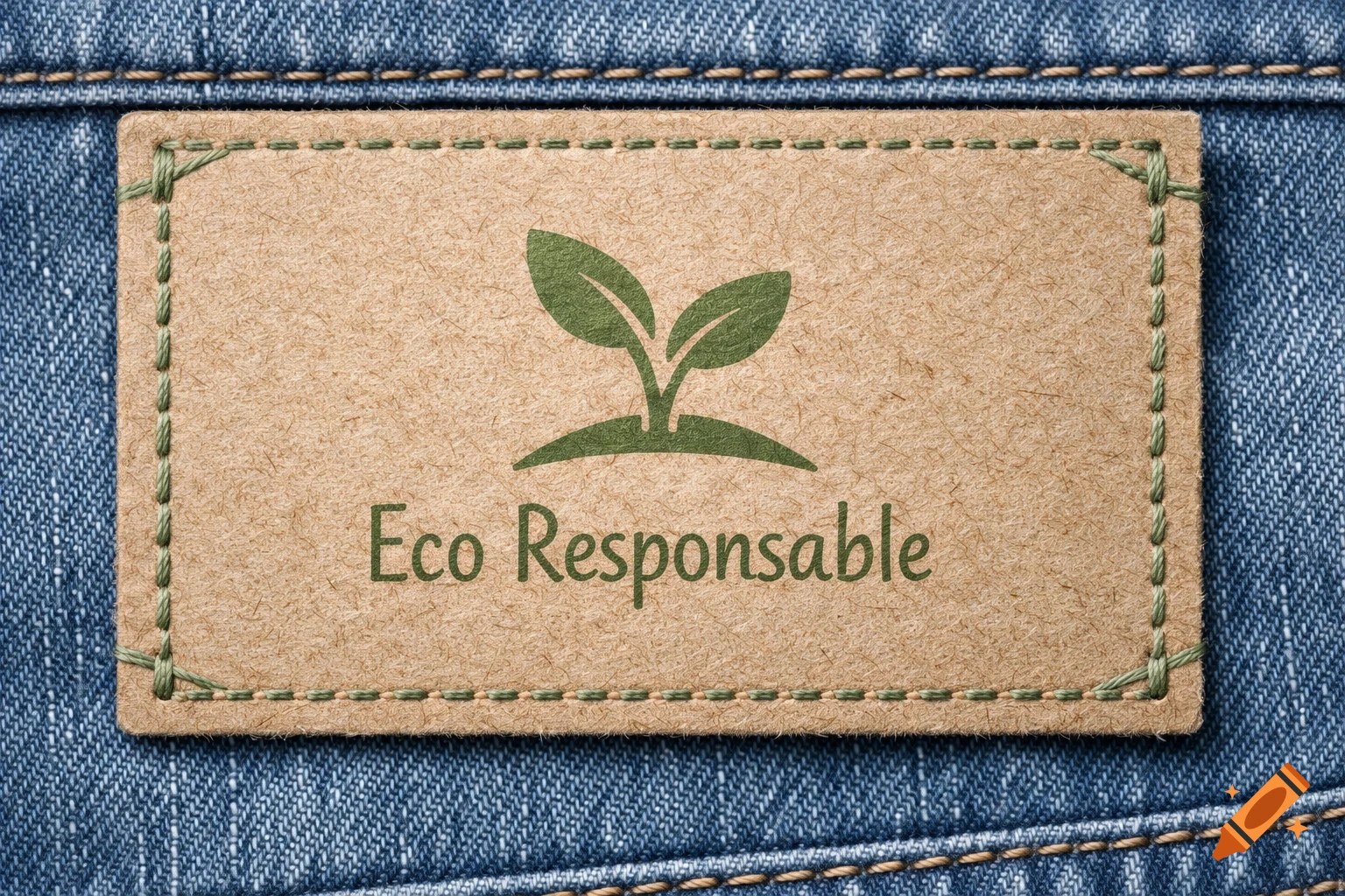 Close-up of a brown 'Eco Responsible' label with a plant icon, stitched onto blue denim jeans.