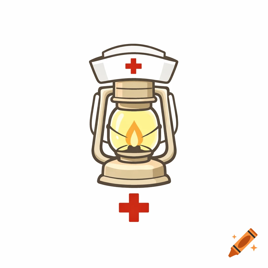 Minimal cartoon emblem of a vintage lantern with a white nurse cap and red cross, and another red cross below.