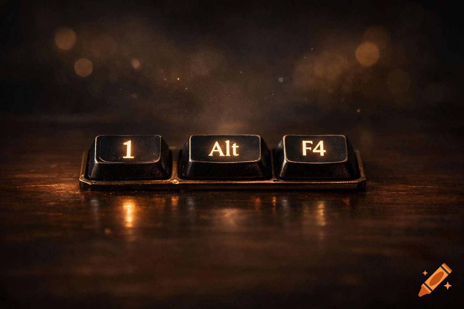 Close-up of three black keyboard keys: '1', 'Alt', and 'F4', glowing warmly on a dark, reflective wooden surface with bokeh lights in the background.