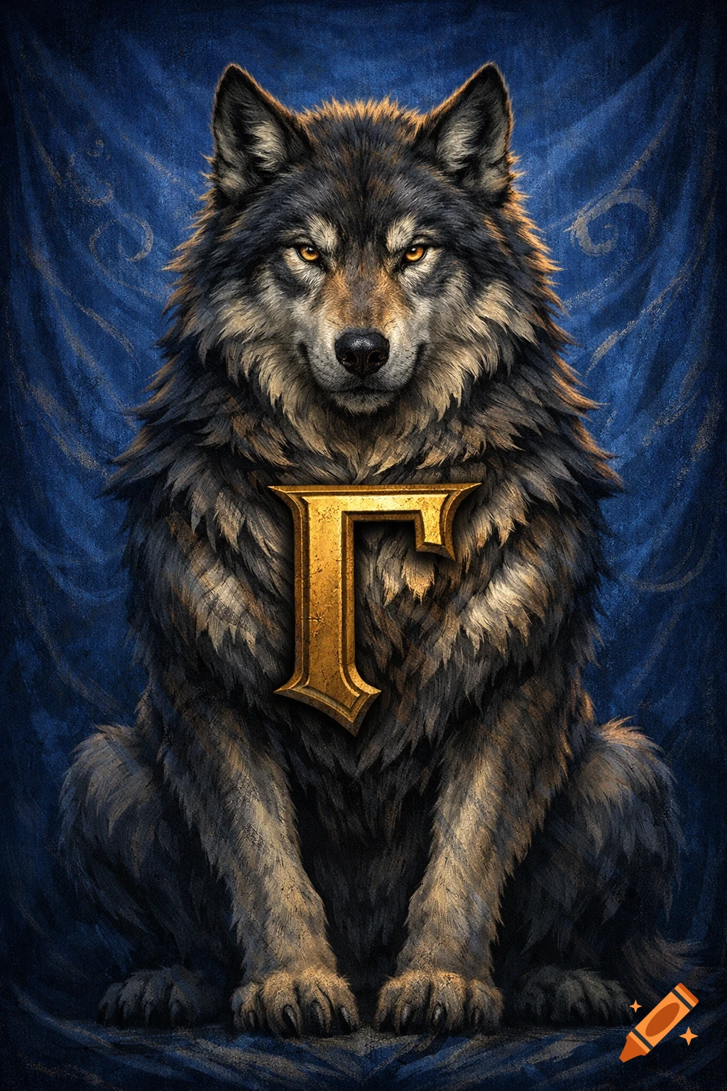 Majestic wolf with a golden letter 'Г' emblazoned on its chest, sitting against a dark blue textured background.