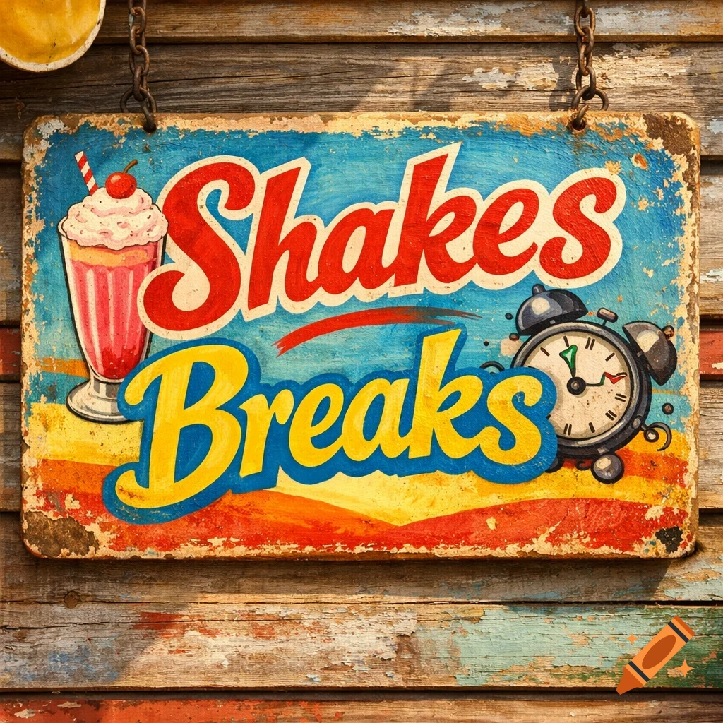 A vintage, distressed wooden sign hangs, reading "Shakes Breaks" in red and yellow script, featuring a milkshake and an alarm clock.