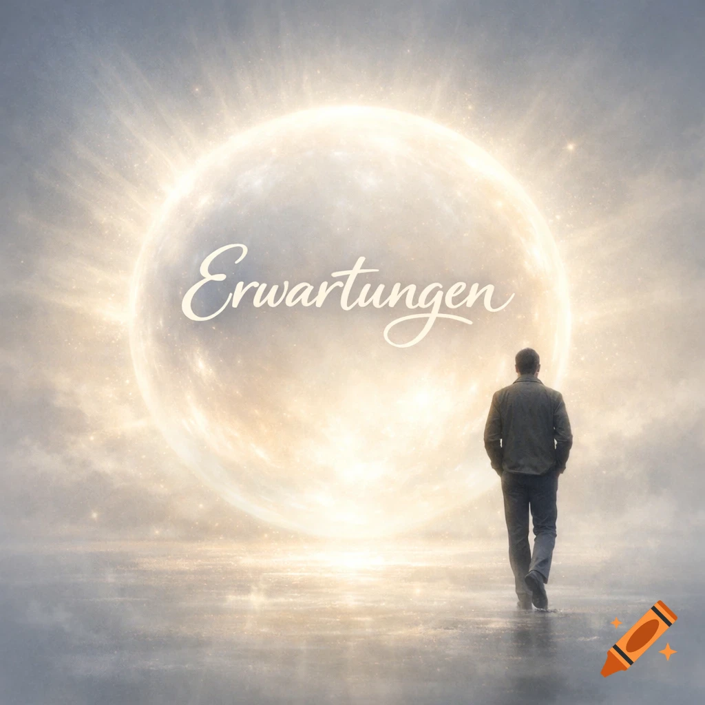 A man walks away from a large, glowing white sphere with 'Erwartungen' written on it in an ethereal, hazy landscape.