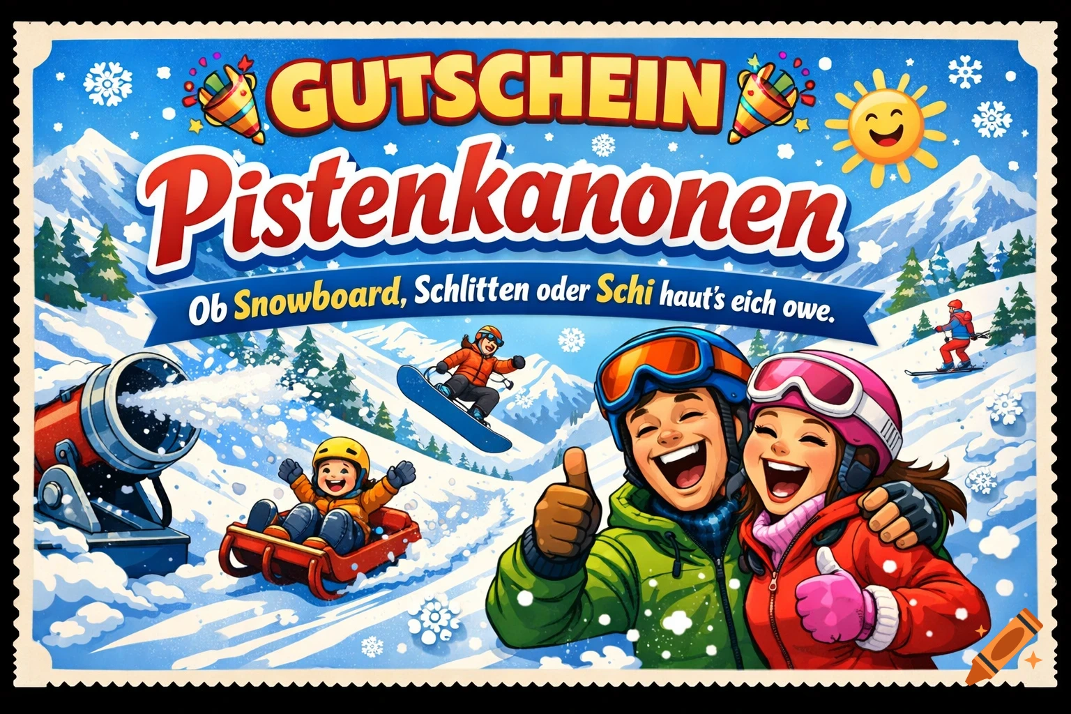 A colorful cartoon voucher for Pistenkanonen (slope cannons) featuring a snowy mountain landscape. Happy people ski, snowboard, and sled, with a couple in the foreground giving a thumbs-up. A snow cannon is on the left, and a smiling sun is in the sky.