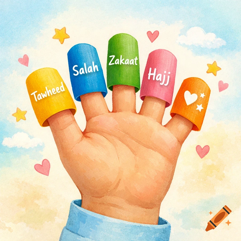 Cartoon hand with five fingers wearing colorful thimbles labeled Tawheed, Salah, Zakaat, Hajj. Hearts and stars float in the background.