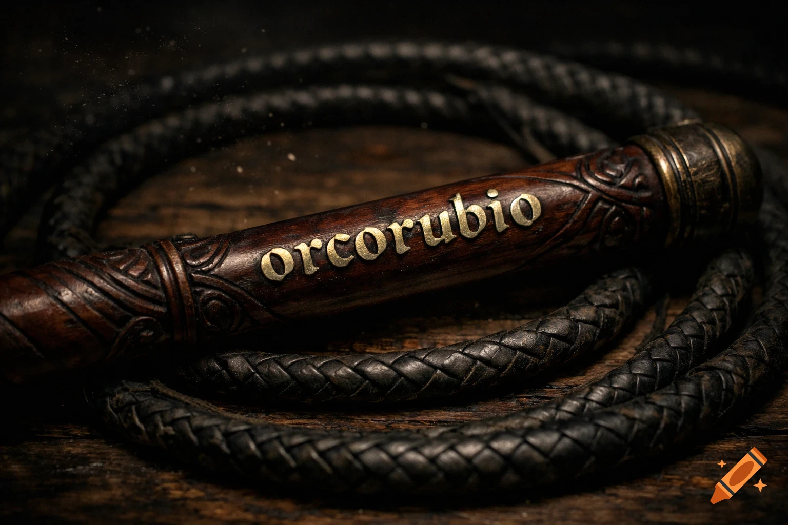 Photorealistic close-up of a dark leather whip with a carved wooden handle inscribed with 'orcorubio'.