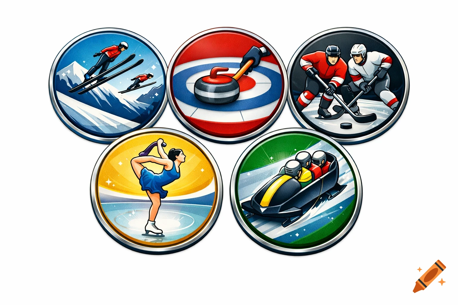 Five stylized circular icons depicting winter Olympic sports: ski jumping, curling, ice hockey, figure skating, and bobsledding.