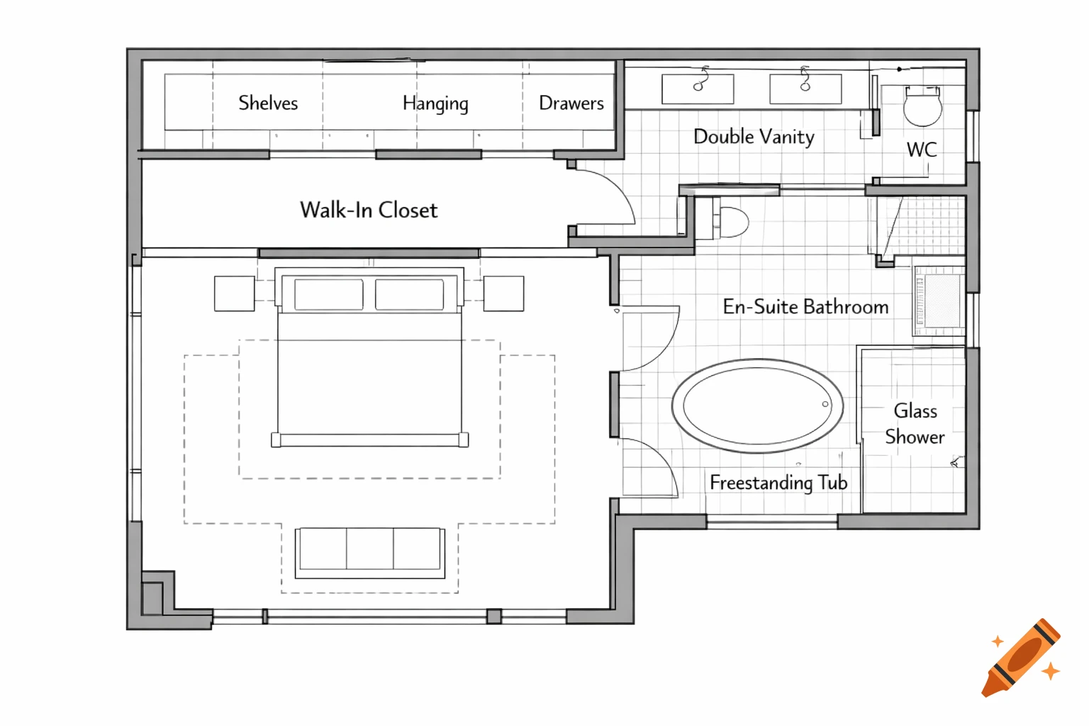 A 2D black and white floor plan of a master bedroom suite, showing a bedroom, walk-in closet, and en-suite bathroom with a double vanity, WC, glass shower, and freestanding tub.