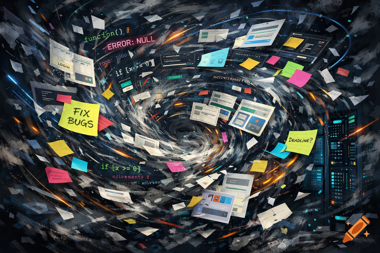 A chaotic vortex of floating software development elements: code, UI designs, sticky notes with 'FIX BUGS' and 'DEADLINE?', and server racks.
