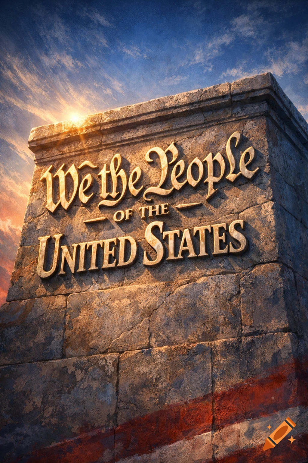 The phrase "We the People of the United States" carved in golden letters on a stone monument, set against a dramatic sky with a red stripe at its base.