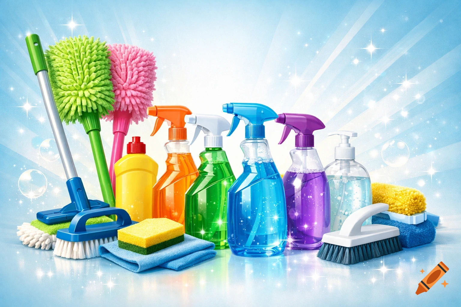 Vibrant cleaning supplies including spray bottles, mops, brushes, and sponges on a sparkling blue background.