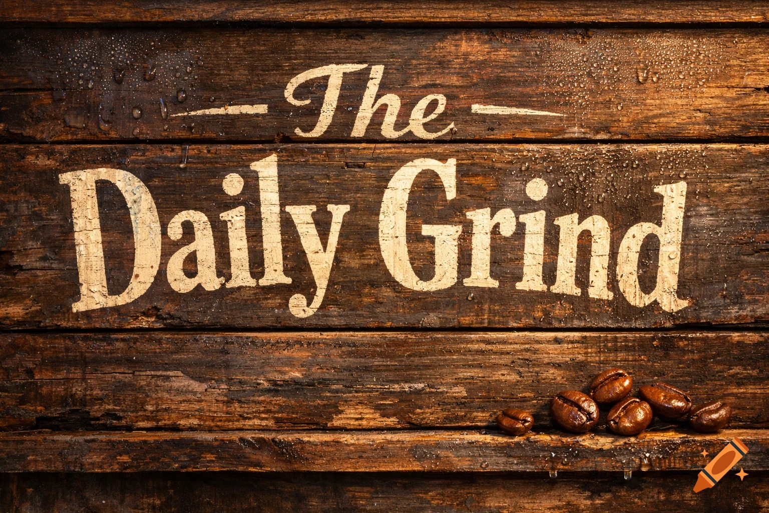 Vintage cafe sign with 'The Daily Grind' text on weathered wood, with coffee beans and water droplets.