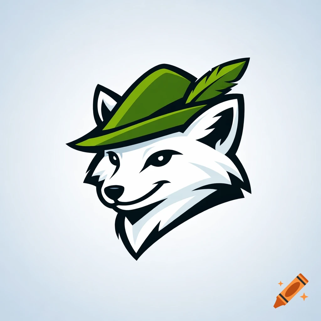 Stylized arctic fox head logo wearing a green Robin Hood hat with a feather, smiling.
