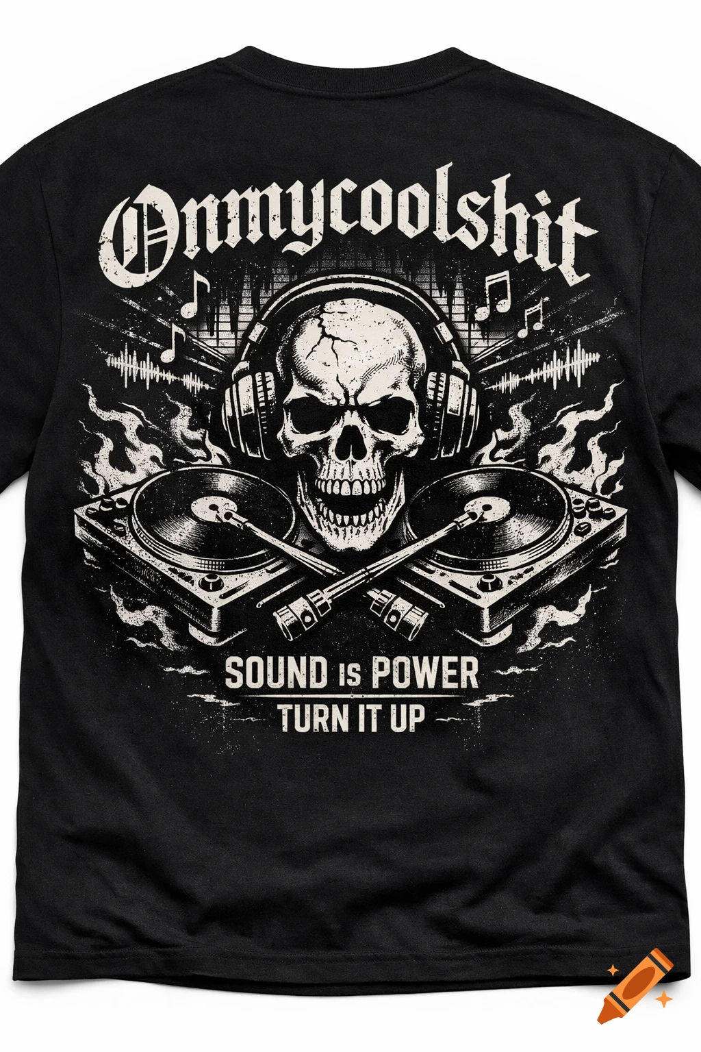Black t-shirt with a distressed white graphic of a skull wearing DJ headphones, crossed turntables, music notes, and flames. Text reads "Onmycoolshit", "SOUND IS POWER", "TURN IT UP".