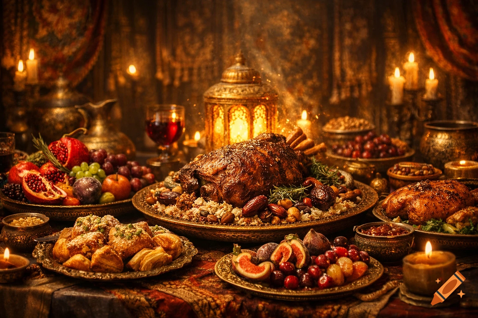 A lavish feast of roasted meat, fruits, and pastries on an ornate table, lit by candles and a golden lantern in a warm setting.