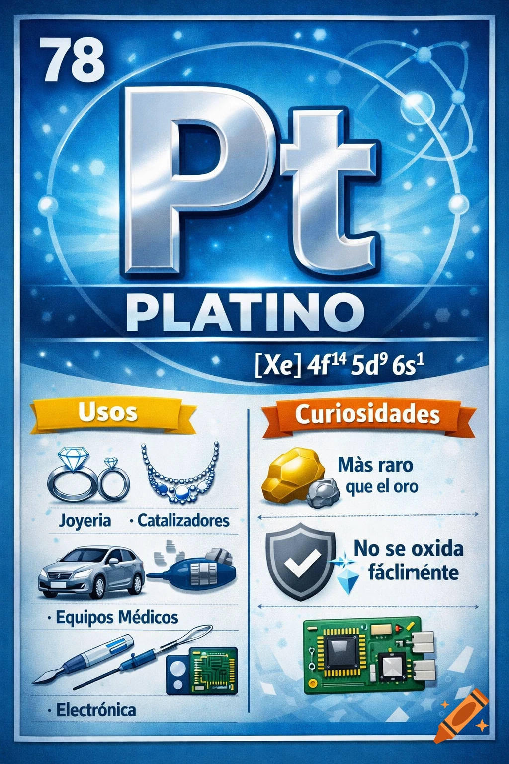 A colorful blue and silver educational poster about the element Platinum (Pt), atomic number 78, detailing its uses in jewelry, medicine, electronics, and curiosities like being rarer than gold and resistant to oxidation.