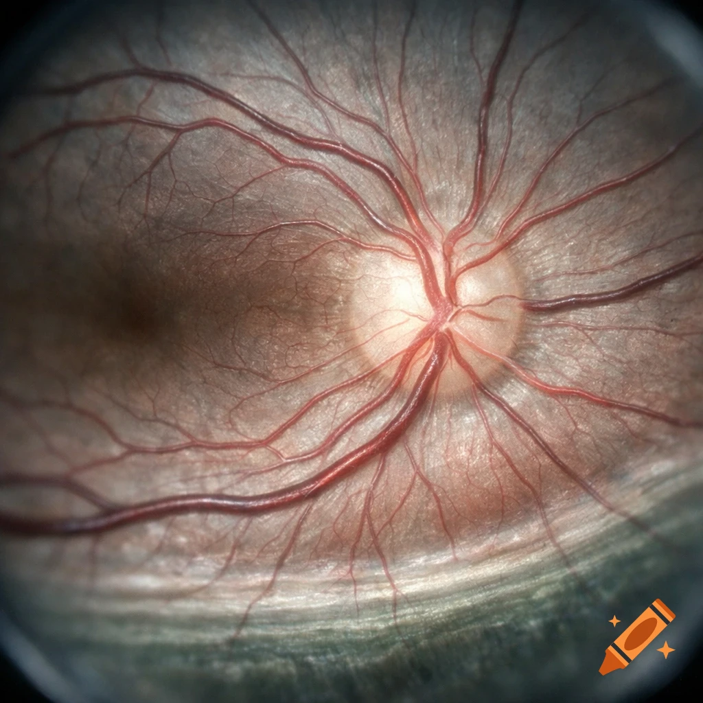Close-up, high-quality image of a human retina, showing the optic disc and radiating blood vessels.