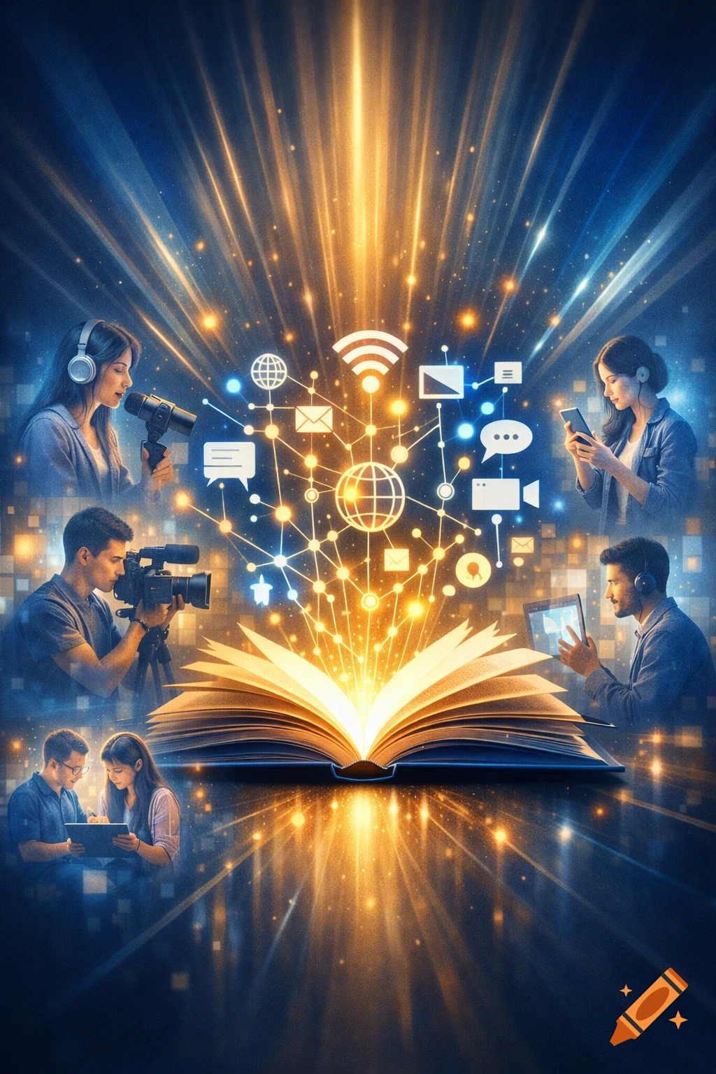 A glowing book at the center, radiating a network of light connecting various media and communication icons. Surrounding the book are inset images of diverse individuals engaged in media activities like podcasting, videography, and digital interaction, all against a dynamic blue and gold backdrop.