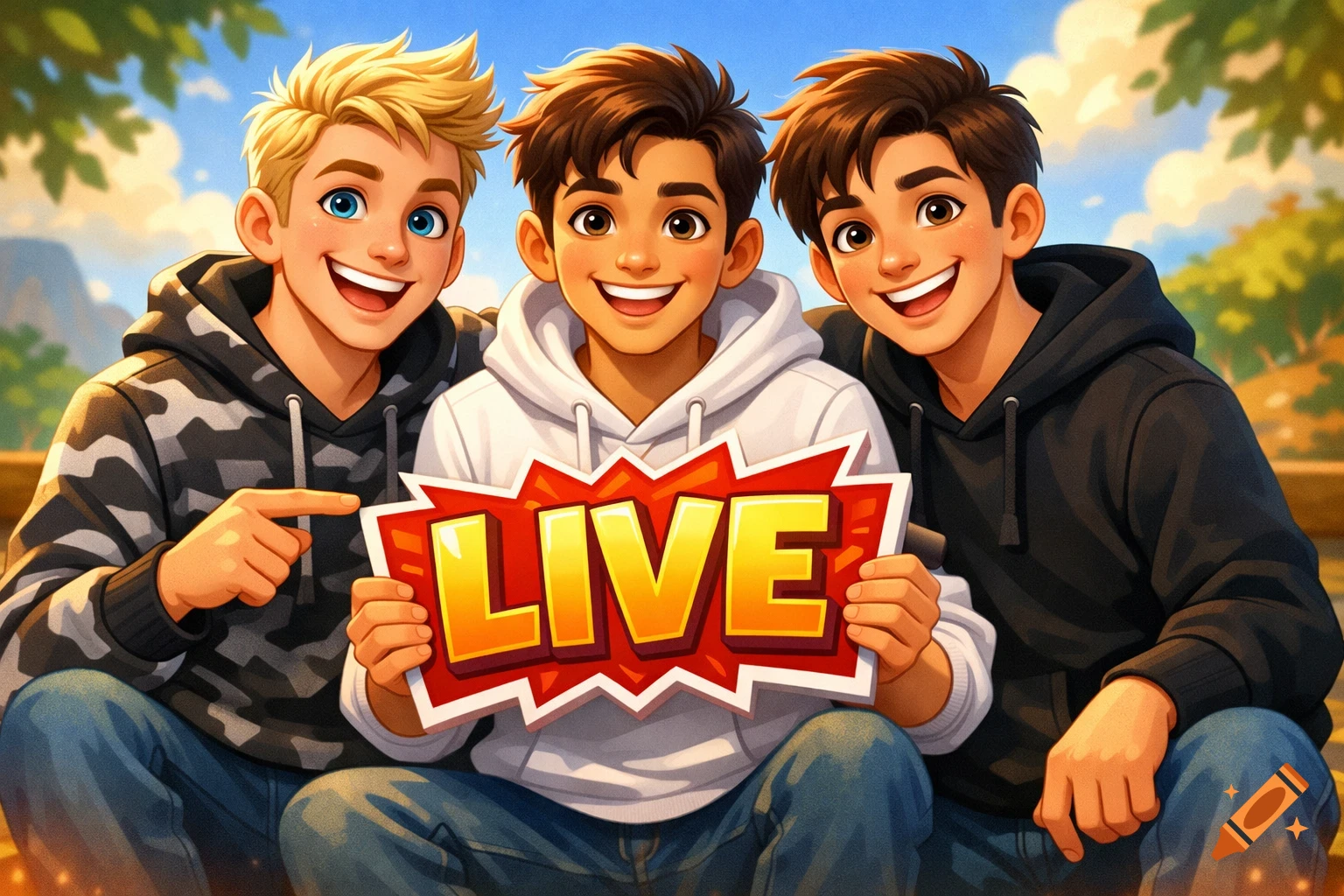 Three smiling cartoon friends, a blonde, a brunette, and a dark-haired boy, sit outdoors holding a sign that says LIVE, in a Disney character style.