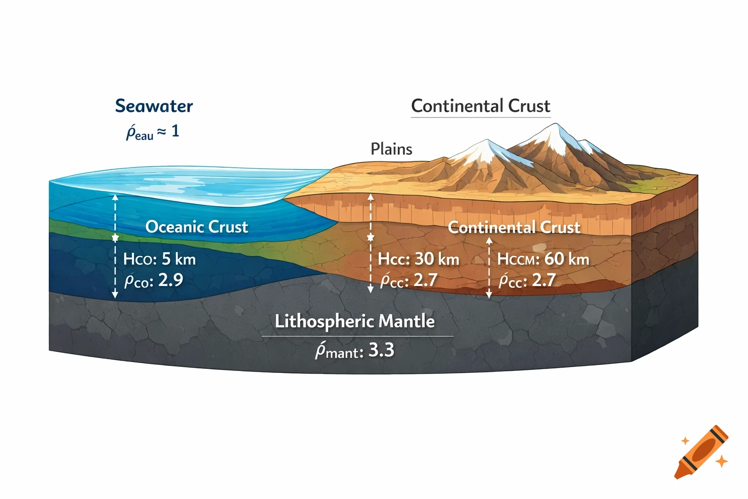 A detailed cross-section diagram of the Earth's crust showing oceanic and continental layers with corresponding thicknesses and densities, overlying a lithospheric mantle.