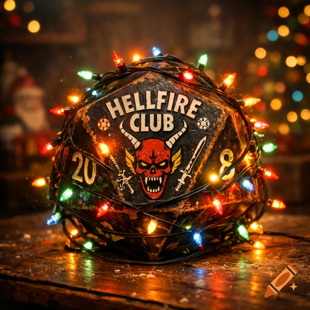A large D20 die with the red Hellfire Club logo, wrapped in colorful Christmas lights, rests on a rustic wooden table with bokeh background.