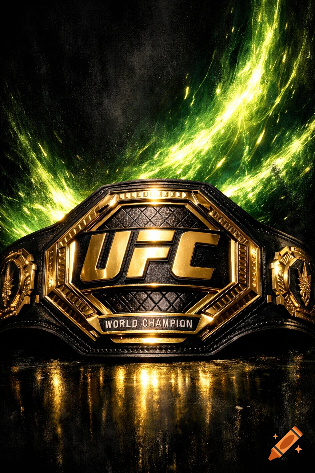 A gleaming gold and black UFC World Champion belt rests on a reflective surface, set against a dynamic background of glowing green light streaks.