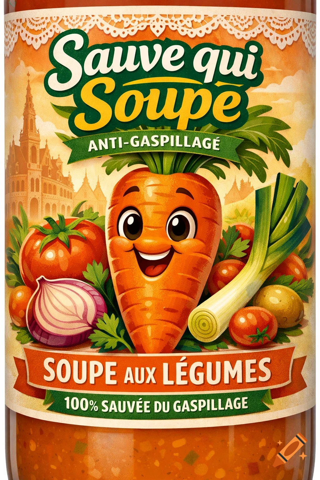 A colorful, illustrated soup label featuring a smiling cartoon carrot, tomatoes, onion, and leeks, with text 'Sauve qui Soupe' and 'Soupe aux Légumes'.
