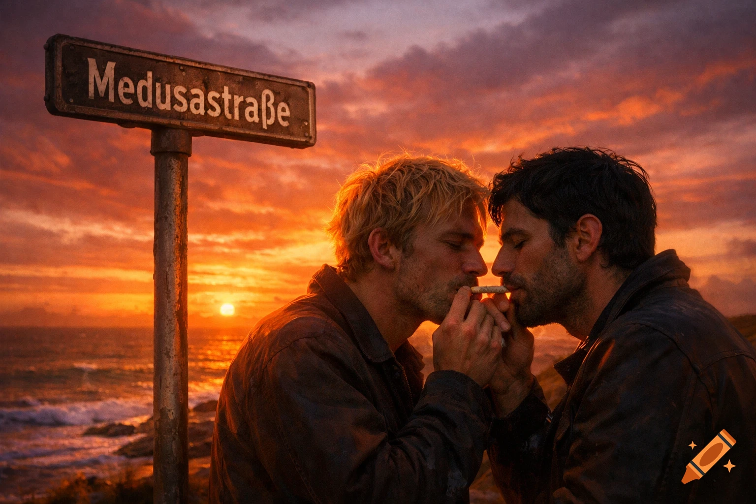 Two men share a joint by the ocean at sunset, with a 'Medusastraße' sign in a photorealistic style.