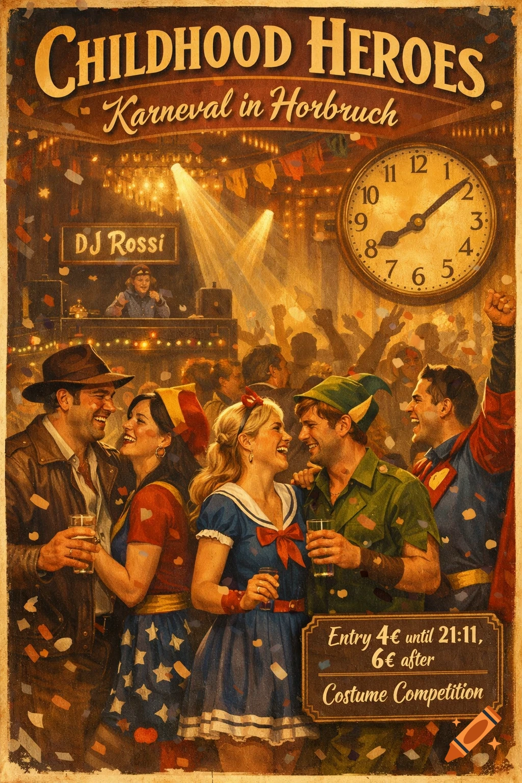 Vintage poster for a "Childhood Heroes" carnival party, featuring people in costumes like Indiana Jones, Wonder Woman, Sailor Moon, Peter Pan, and Superman, laughing and holding drinks. A DJ is in the background under stage lights, with a large clock showing 8:11. Text advertises the event details.